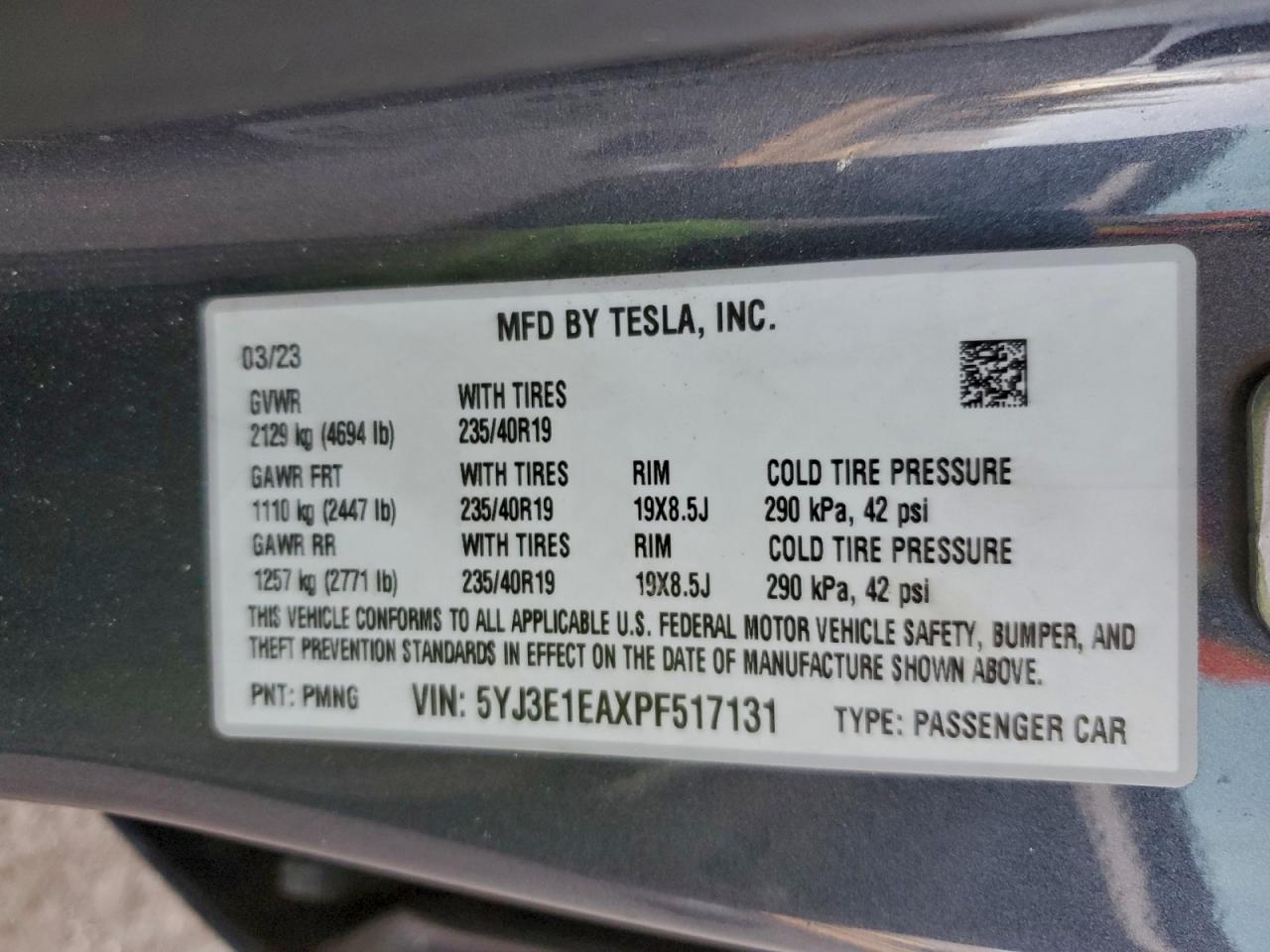 2023 Tesla Model 3 VIN: 5YJ3E1EAXPF517131 Lot: 94940355