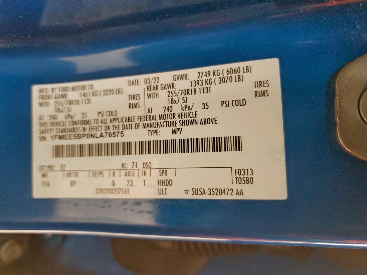 2022 Ford Bronco Base VIN: 1FMEE5BP0NLA76575 Lot: 96089495