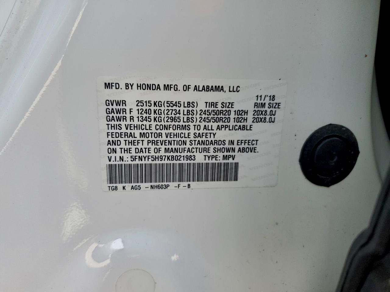 2019 Honda Pilot Touring VIN: 5FNYF5H97KB021983 Lot: 96226905