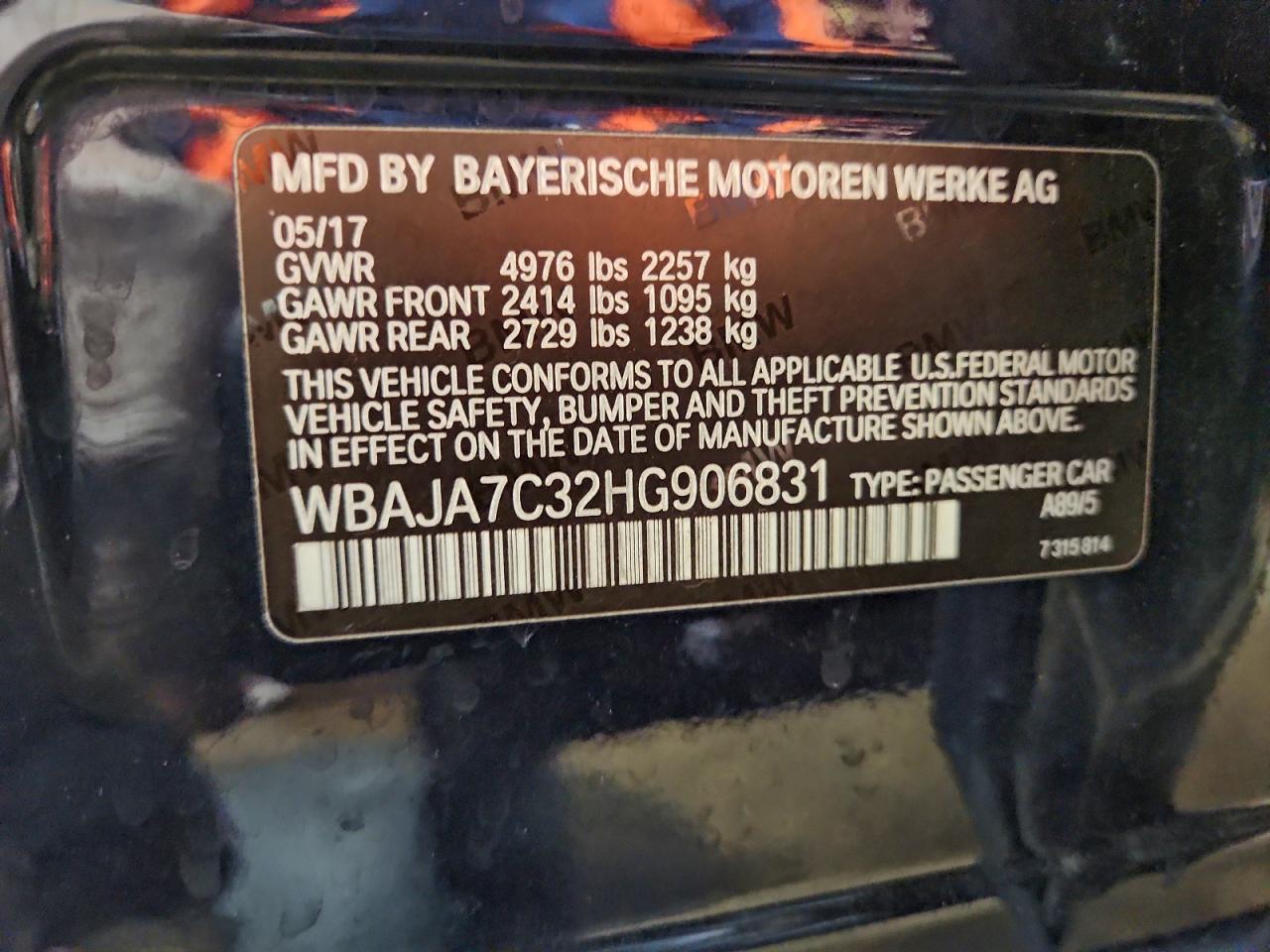 2017 BMW 530 Xi VIN: WBAJA7C32HG906831 Lot: 95842625