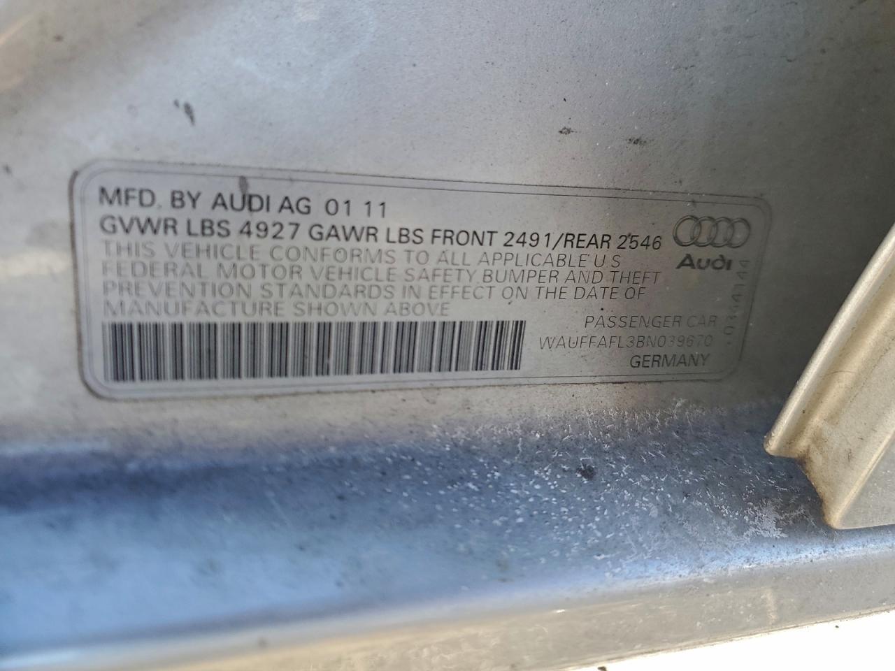 2011 Audi A4 Premium Plus VIN: WAUFFAFL3BN039670 Lot: 97104615