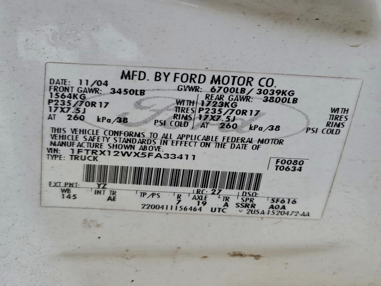 2005 Ford F150 VIN: 1FTRX12WX5FA33411 Lot: 95166615