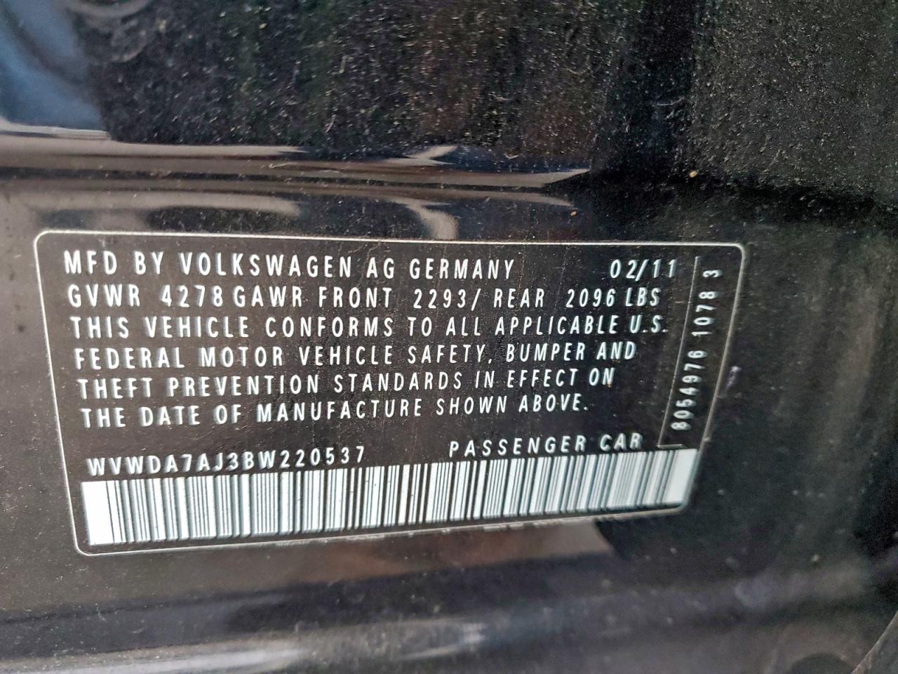 2011 Volkswagen Golf VIN: WVWDA7AJ3BW220537 Lot: 95887495