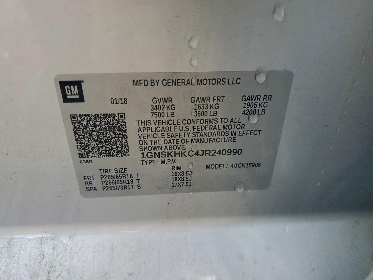 2018 Chevrolet Suburban K1500 Lt VIN: 1GNSKHKC4JR240990 Lot: 96077565