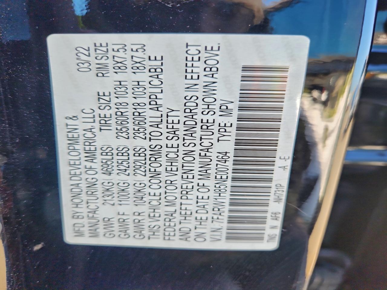 2022 Honda Cr-V Exl VIN: 7FARW1H85NE007464 Lot: 94222275