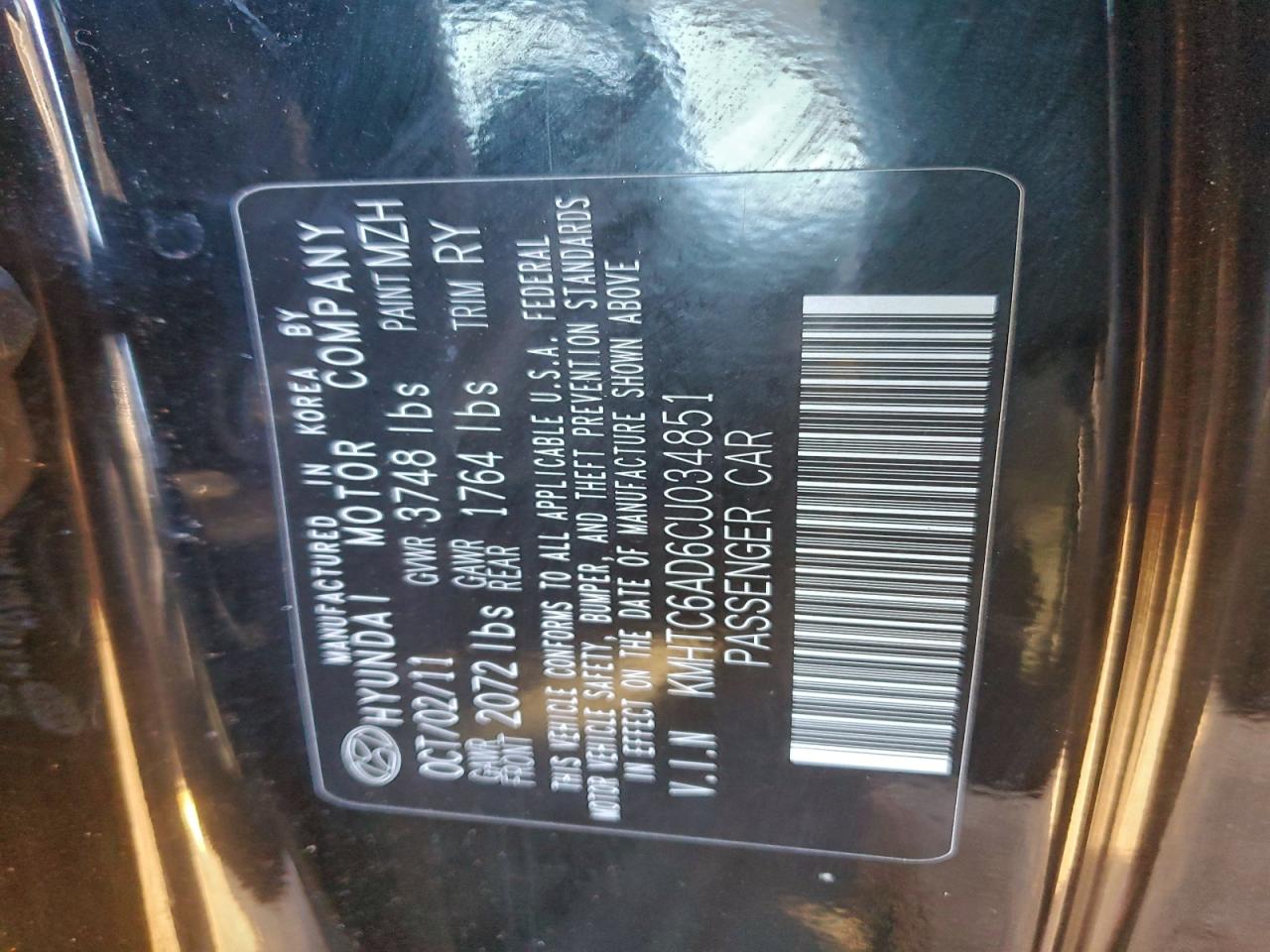 2012 Hyundai Veloster VIN: KMHTC6AD6CU034851 Lot: 94684375