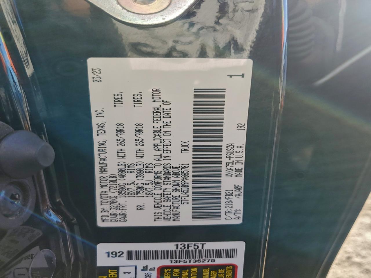 2023 Toyota Tundra Crewmax Sr VIN: 5TFLA5DB9PX085781 Lot: 95939295