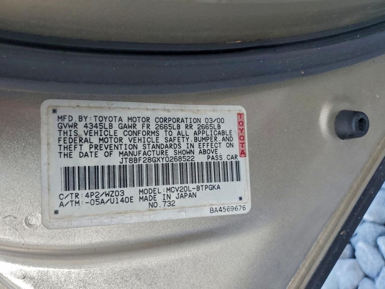 2000 Lexus Es 300 VIN: JT8BF28GXY0268522 Lot: 95859115