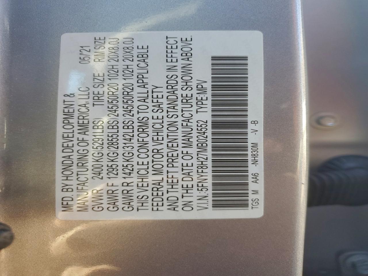 2021 Honda Passport Sport VIN: 5FNYF8H27MB024552 Lot: 96699105