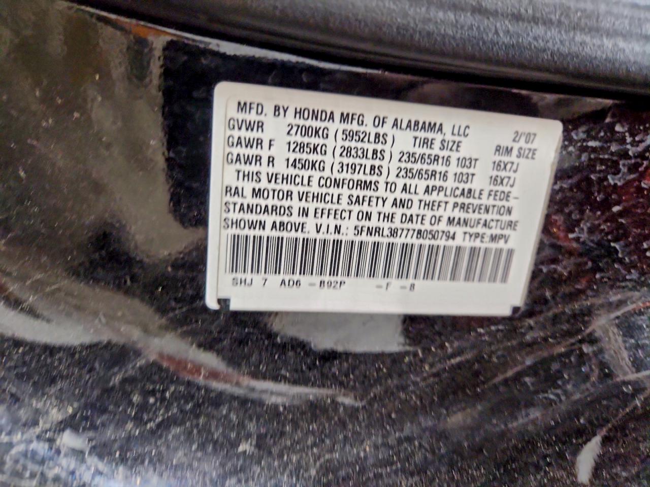 2007 Honda Odyssey Exl VIN: 5FNRL38777B050794 Lot: 96484135