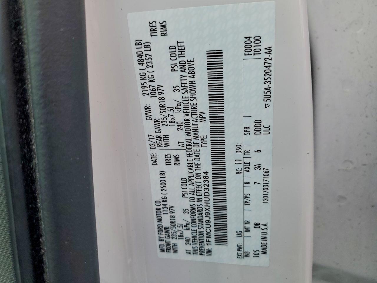 2017 Ford Escape Titanium VIN: 1FMCU9J9XHUD32384 Lot: 95774425