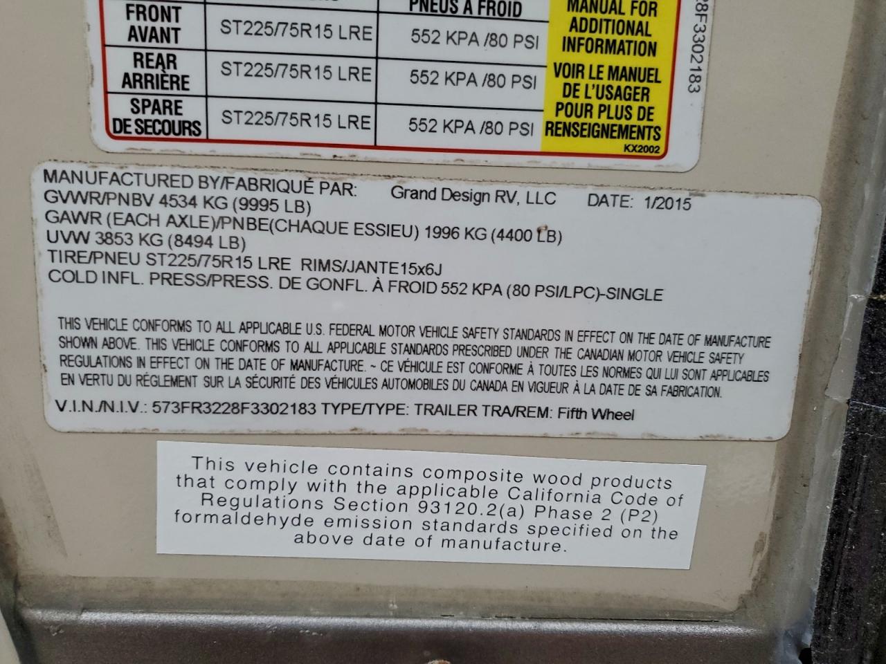 2015 Refl Traveltrai - Rv VIN: 573FR3228F3302183 Lot: 93300015