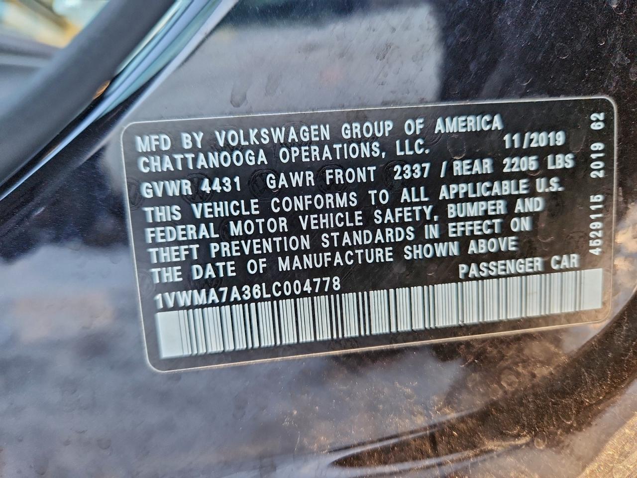 2020 Volkswagen Passat R-Line VIN: 1VWMA7A36LC004778 Lot: 94864805