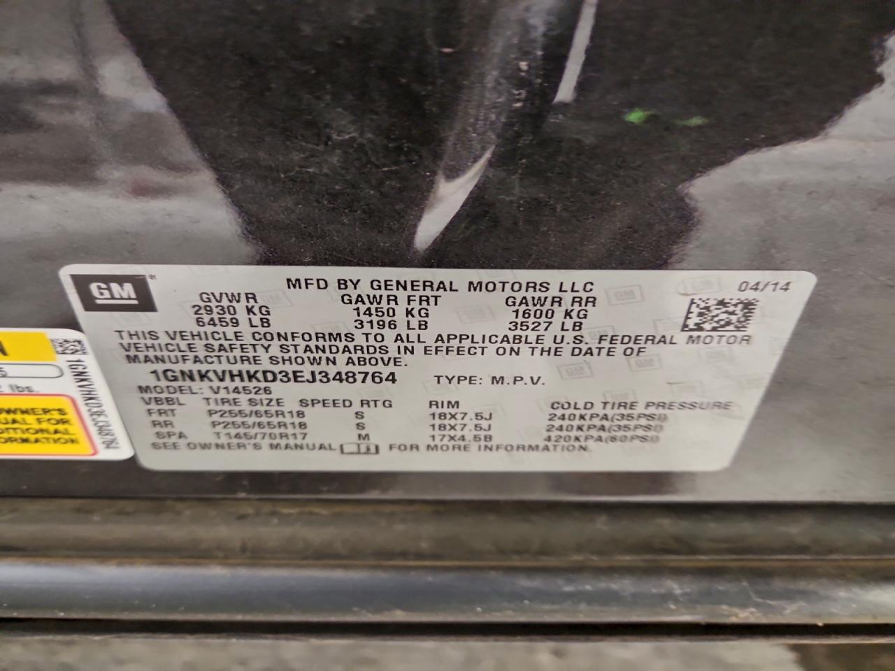 2014 Chevrolet Traverse Lt VIN: 1GNKVHKD3EJ348764 Lot: 94104075