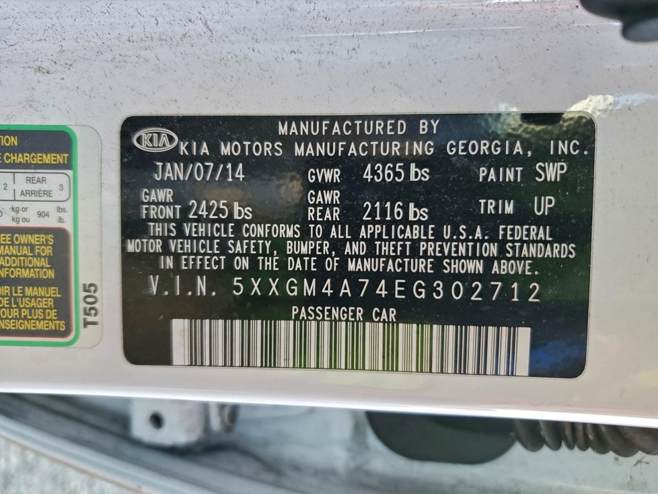 2014 Kia Optima Lx VIN: 5XXGM4A74EG302712 Lot: 94933405