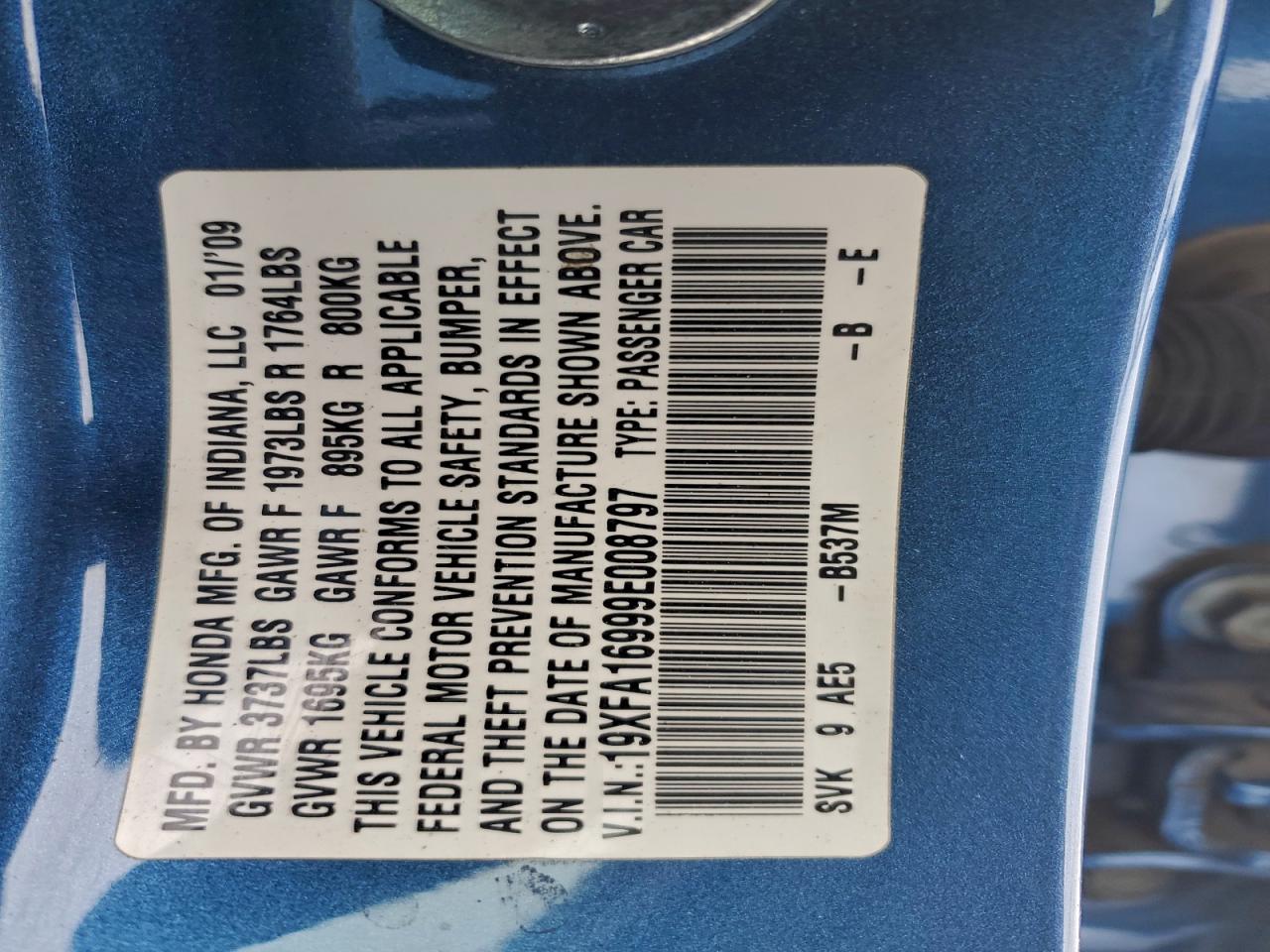 2009 Honda Civic Exl VIN: 19XFA16999E008797 Lot: 95283085