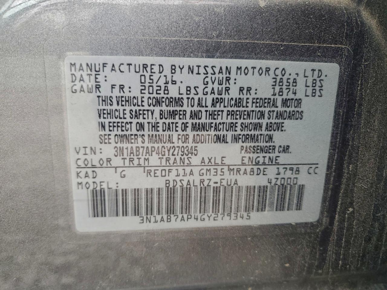 2016 Nissan Sentra S VIN: 3N1AB7AP4GY279345 Lot: 95238955