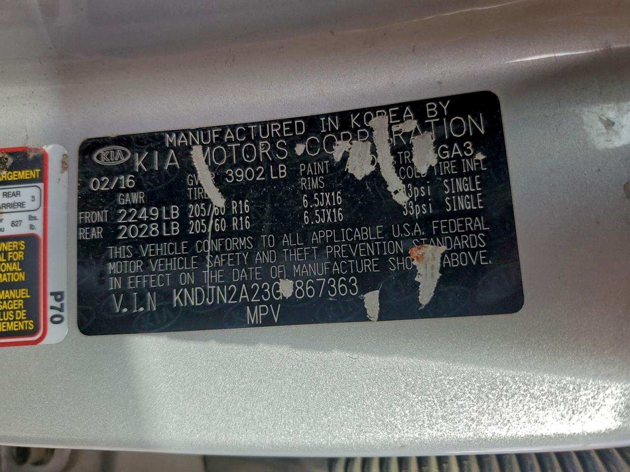 2016 Kia Soul VIN: KNDJN2A23G7867363 Lot: 94328405