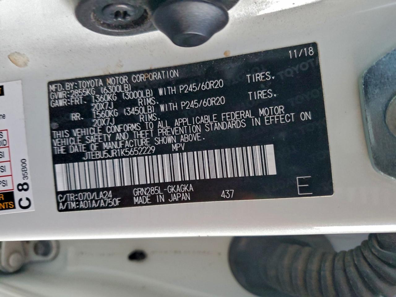 2019 Toyota 4Runner Sr5/Sr5 Premium VIN: JTEBU5JR1K5652229 Lot: 94823245