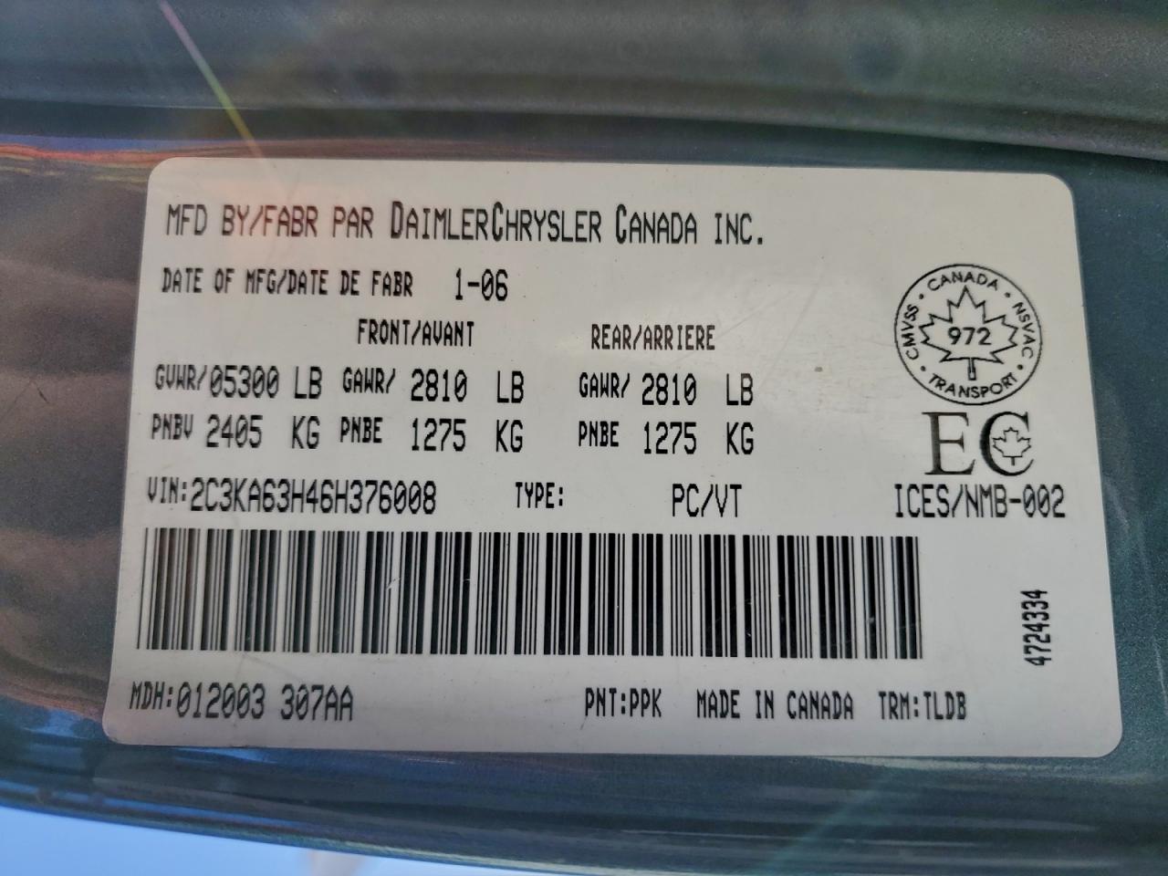 2006 Chrysler 300C VIN: 2C3KA63H46H376008 Lot: 95511795