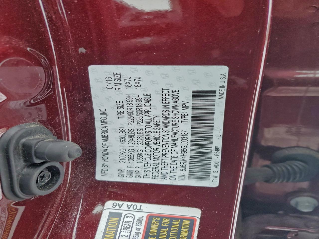 2016 Honda Cr-V Touring VIN: 5J6RM4H96GL033187 Lot: 95839005