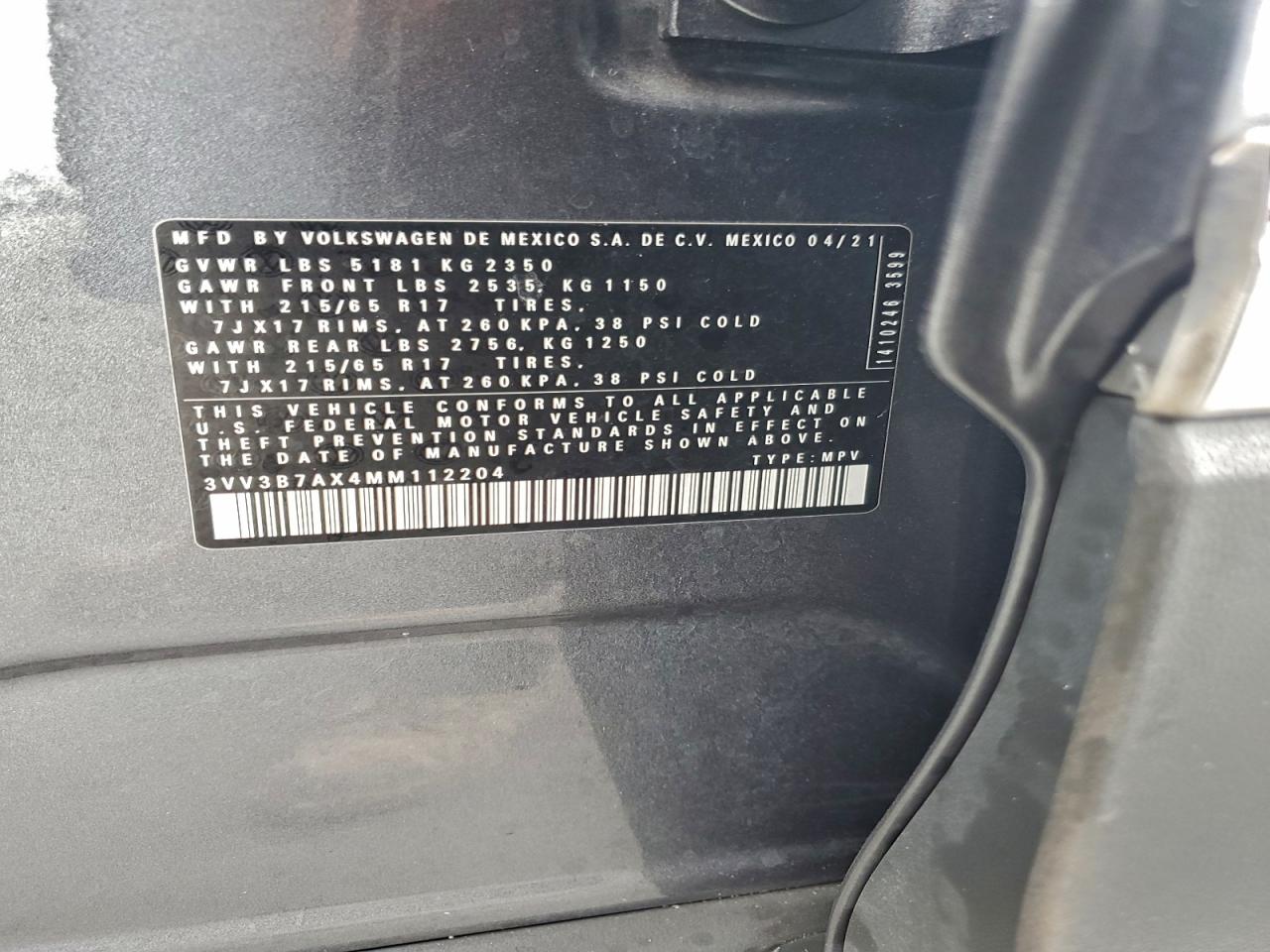 2021 Volkswagen Tiguan Se VIN: 3VV3B7AX4MM112204 Lot: 94812705