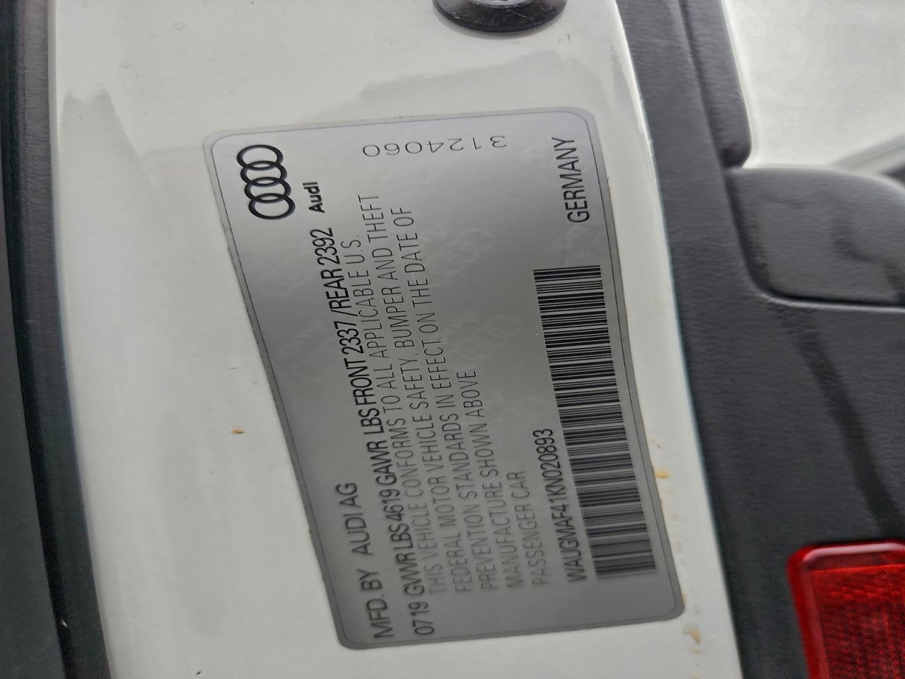 2019 Audi A4 Premium VIN: WAUGMAF41KN020893 Lot: 94330055