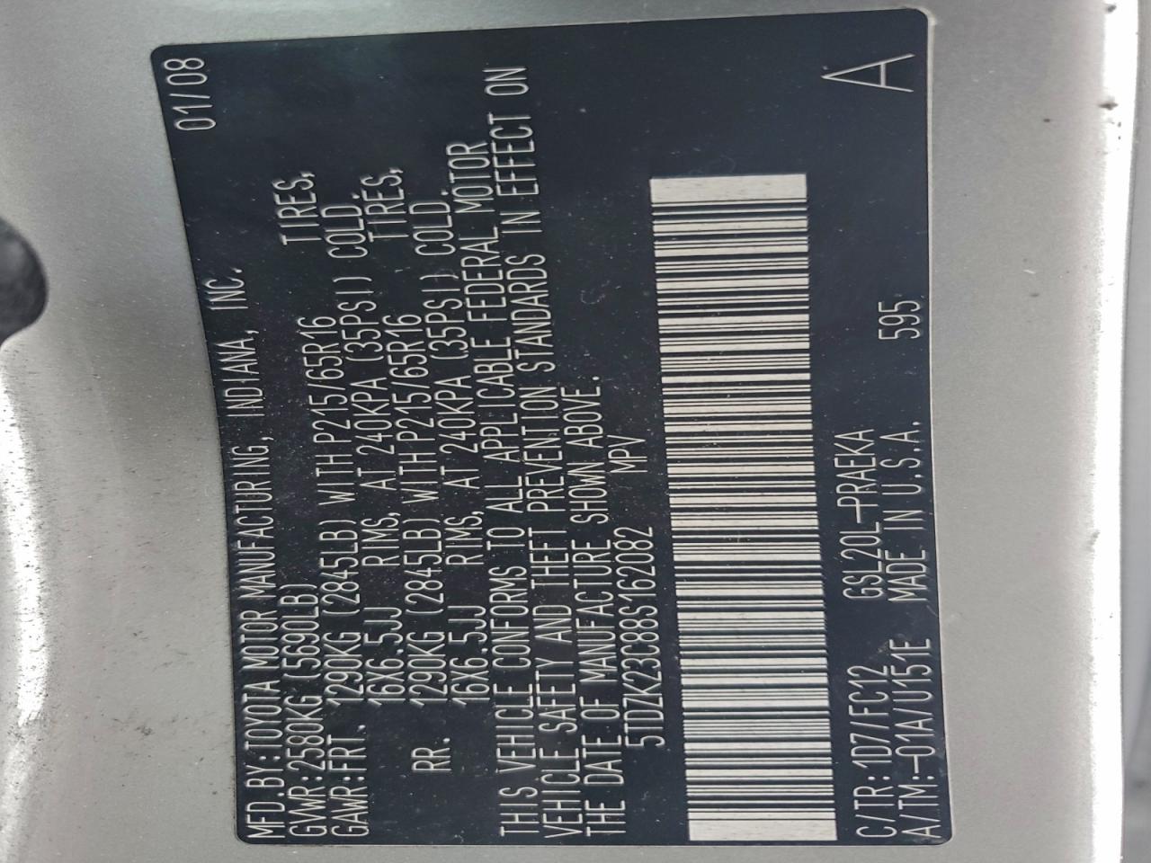 2008 Toyota Sienna Ce VIN: 5TDZK23C88S162082 Lot: 95454225