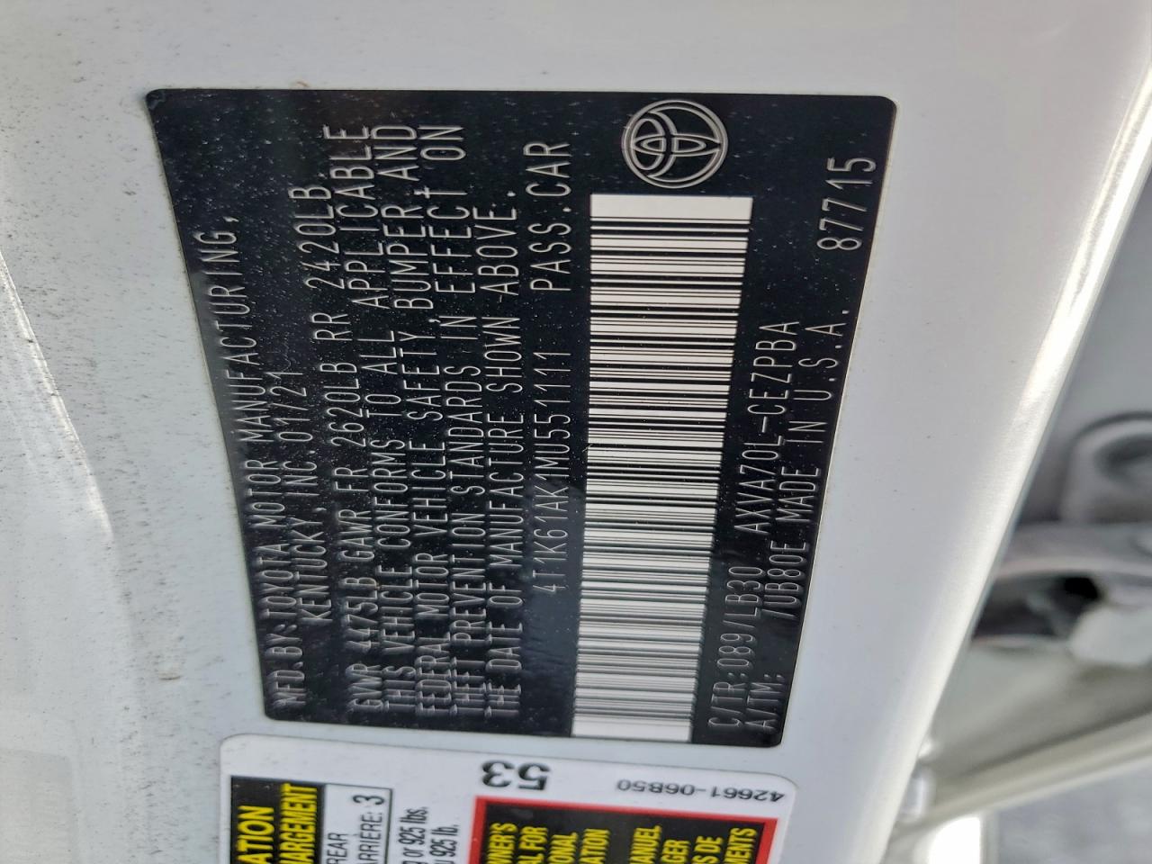 2021 Toyota Camry Xse VIN: 4T1K61AK1MU551111 Lot: 95762325