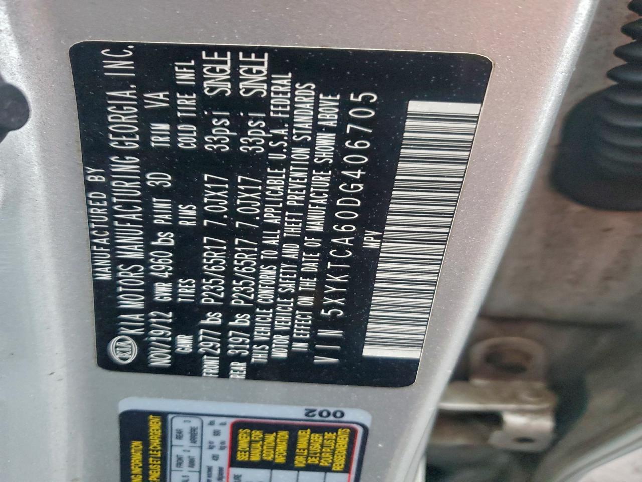 2013 Kia Sorento Lx VIN: 5XYKTCA60DG406705 Lot: 95142485