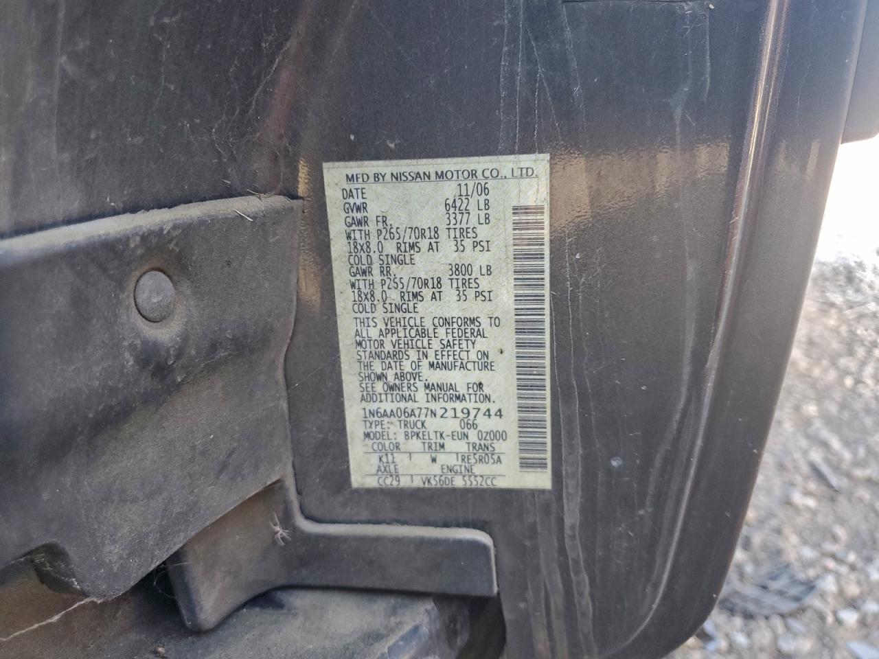 2007 Nissan Titan Xe VIN: 1N6AA06A77N219744 Lot: 95935305