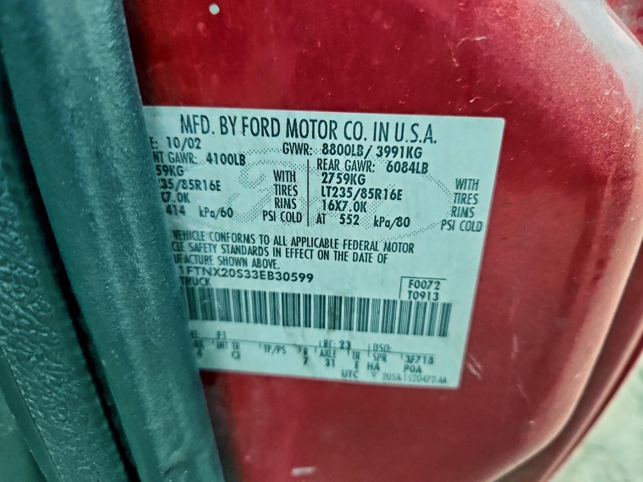 2003 Ford F250 Super Duty VIN: 1FTNX20S33EB30599 Lot: 95207645