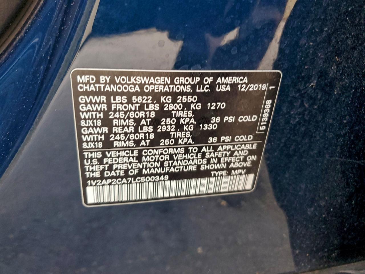 2020 Volkswagen Atlas S VIN: 1V2AP2CA7LC500349 Lot: 95617305