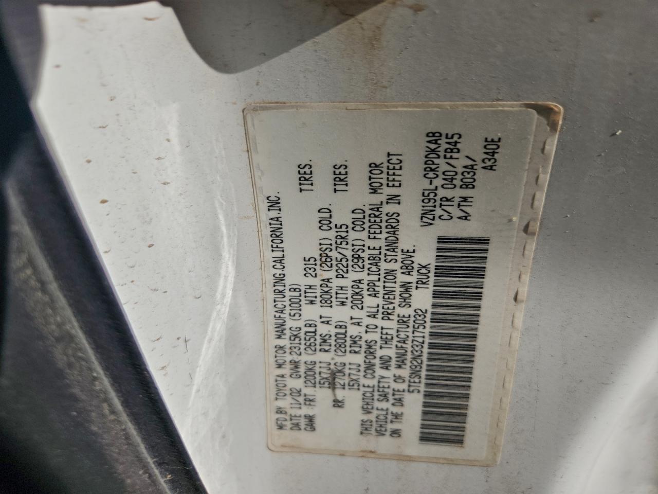 2003 Toyota Tacoma Xtracab Prerunner VIN: 5TESN92N33Z175032 Lot: 96172025