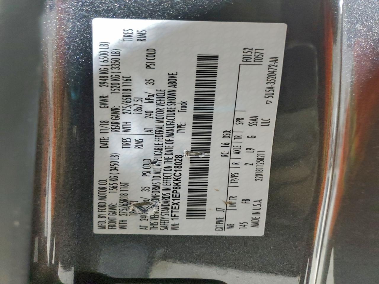 2019 Ford F150 Super Cab VIN: 1FTEX1EP8KKC18028 Lot: 94558705