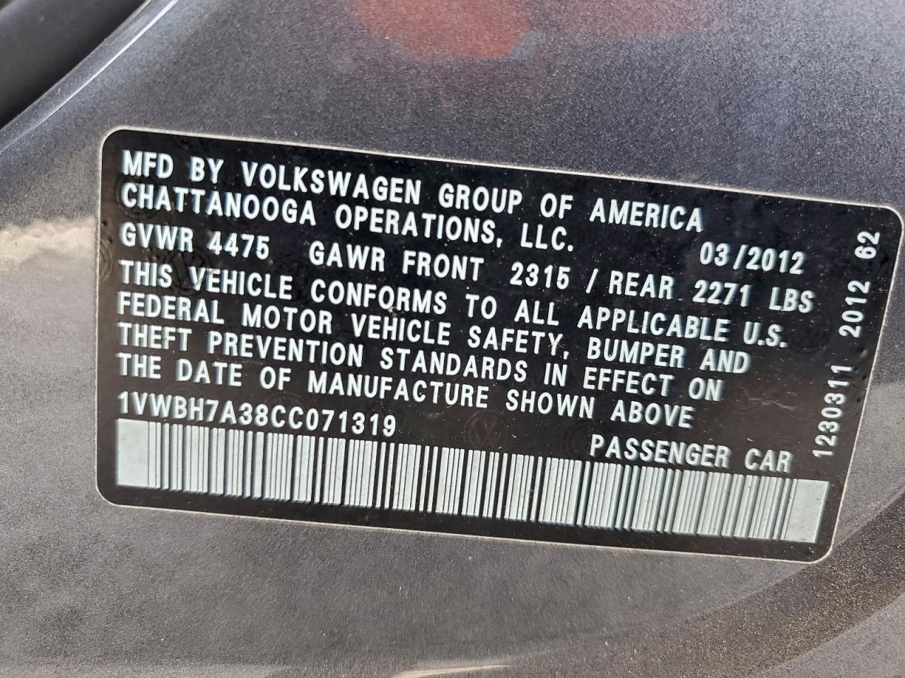 2012 Volkswagen Passat Se VIN: 1VWBH7A38CC071319 Lot: 96251235