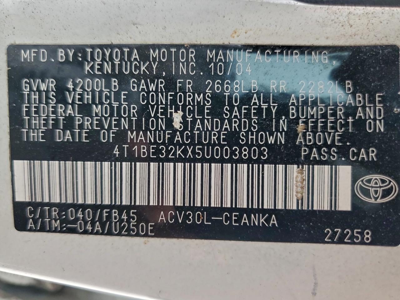 2005 Toyota Camry Le VIN: 4T1BE32KX5U003803 Lot: 95026415