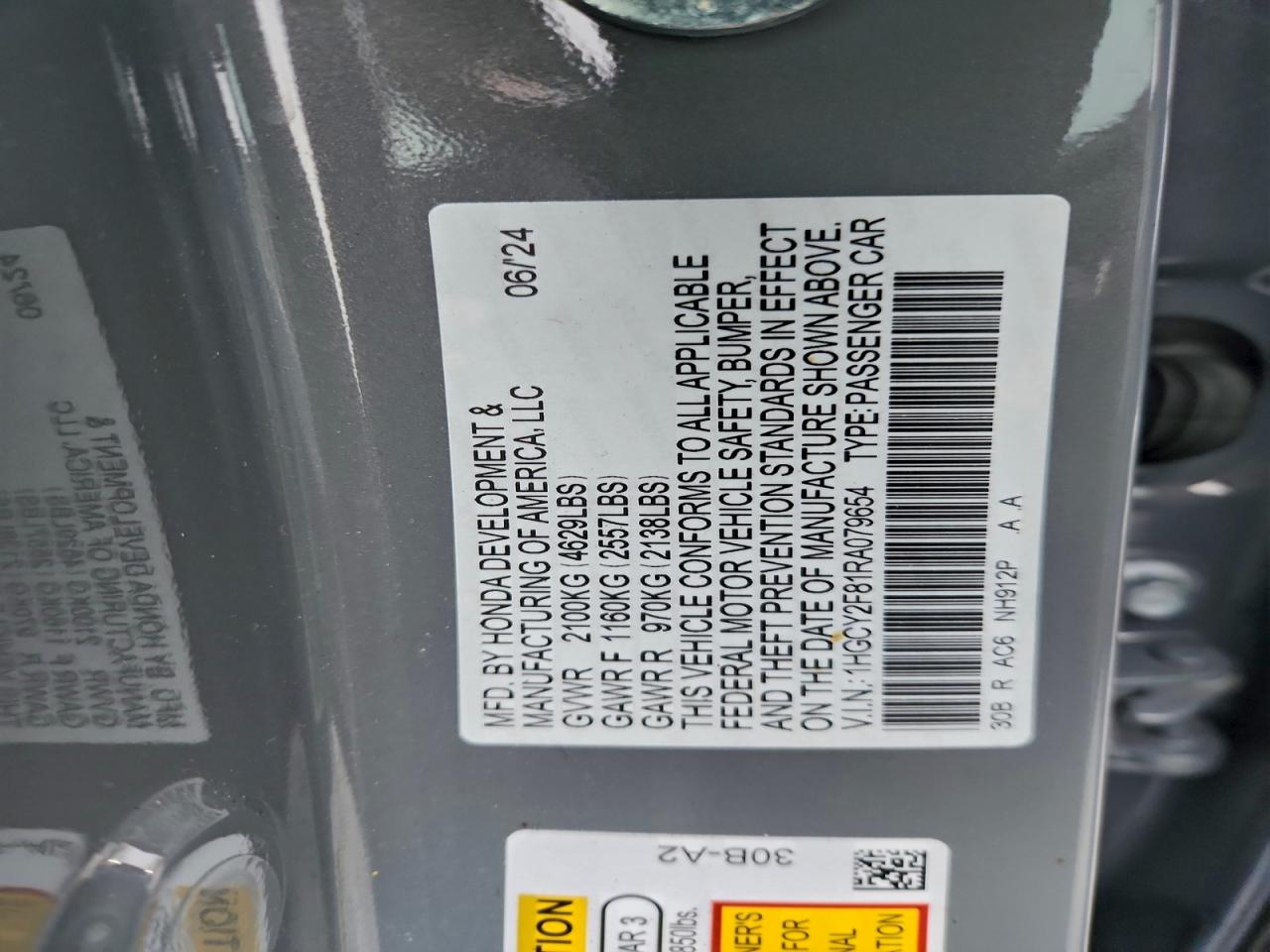 2024 Honda Accord Touring Hybrid VIN: 1HGCY2F81RA079654 Lot: 94805435