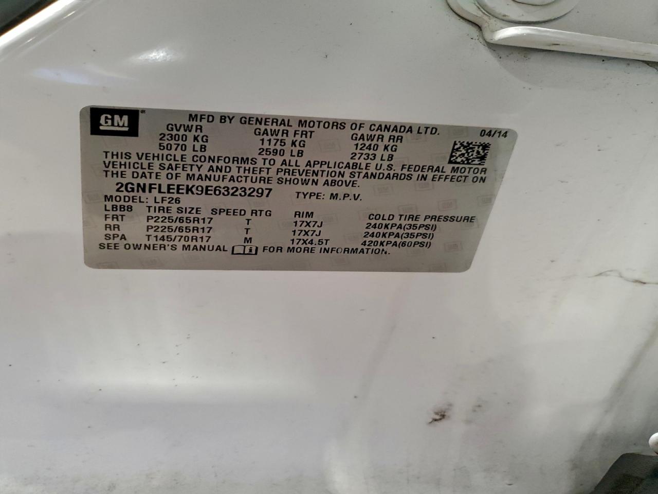 2014 Chevrolet Equinox Ls VIN: 2GNFLEEK9E6323297 Lot: 96231615