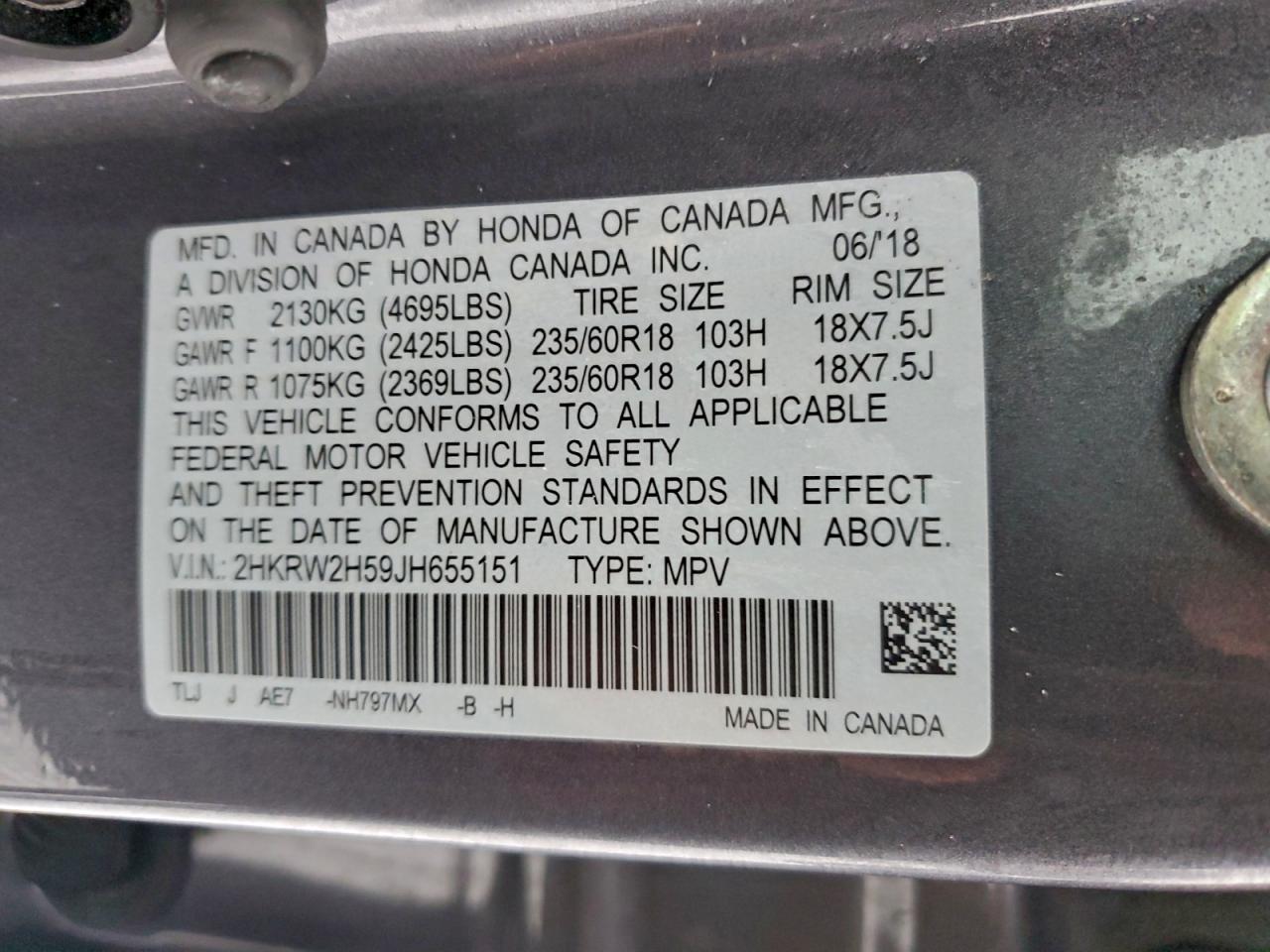 2018 Honda Cr-V Ex VIN: 2HKRW2H59JH655151 Lot: 95140285