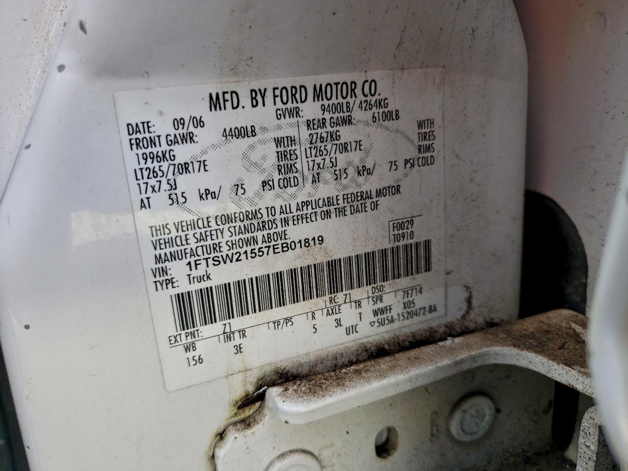 2007 Ford F250 Super Duty VIN: 1FTSW21557EB01819 Lot: 96189165