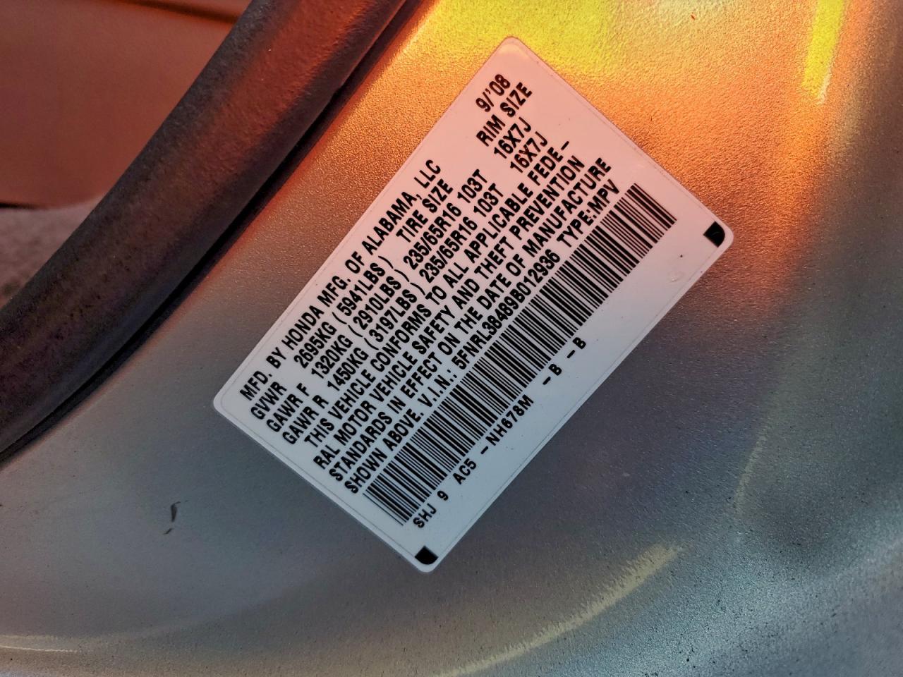 2009 Honda Odyssey Ex VIN: 5FNRL38489B012936 Lot: 94020385