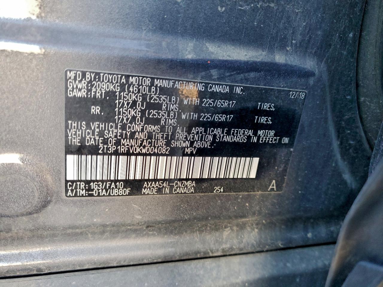 2019 Toyota Rav4 Xle VIN: 2T3P1RFV0KW004082 Lot: 94230065