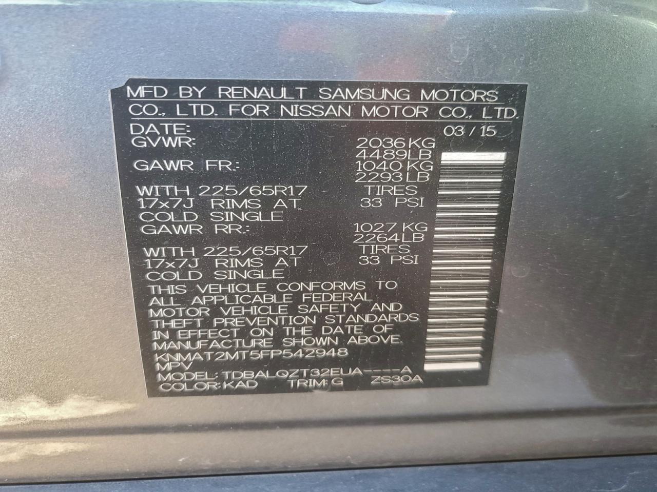 2015 Nissan Rogue S VIN: KNMAT2MT5FP542948 Lot: 95163965