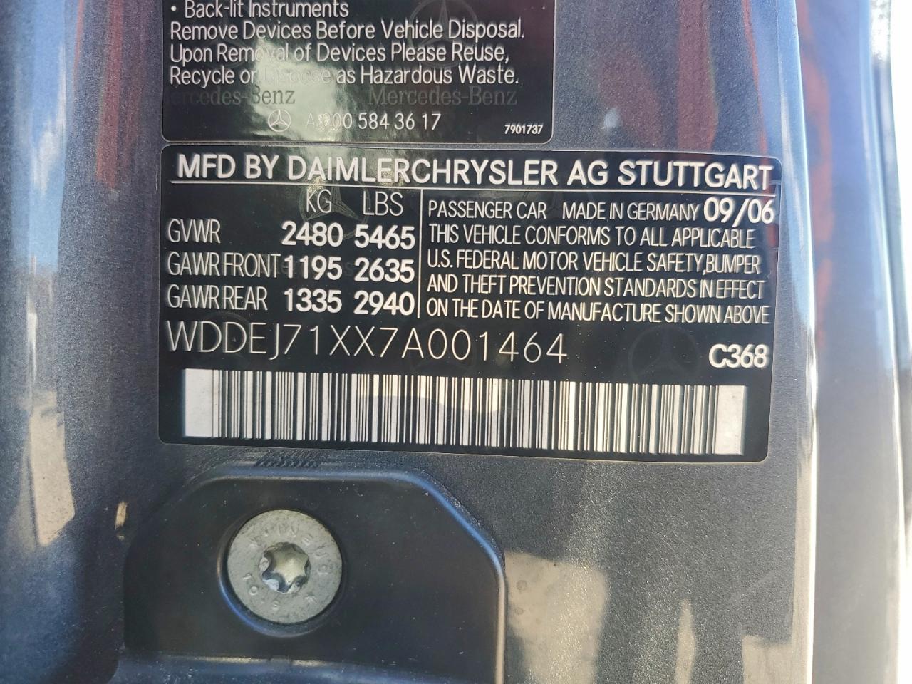 2007 Mercedes-Benz Cl 550 VIN: WDDEJ71XX7A001464 Lot: 95541155