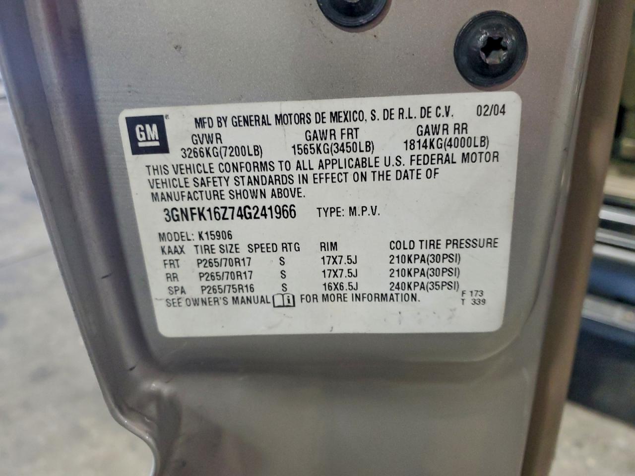 2004 Chevrolet Suburban K1500 VIN: 3GNFK16Z74G241966 Lot: 95005385