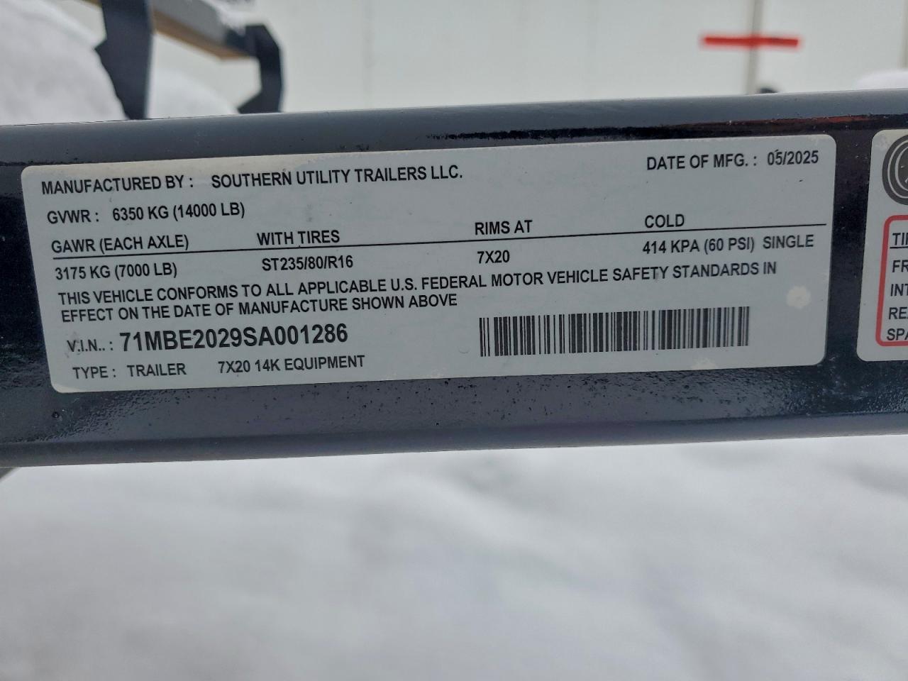 2025 Southern Utility 7X20 14K Equipment Trailer VIN: 71MBE2029SA001286 Lot: 92837605