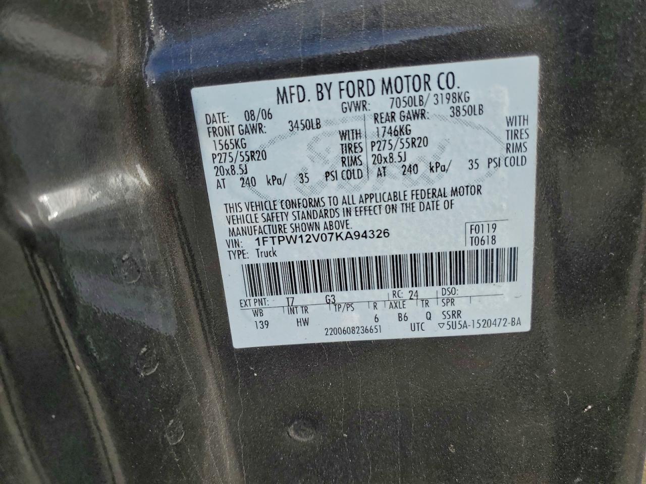 2007 Ford F150 Supercrew VIN: 1FTPW12V07KA94326 Lot: 94911125