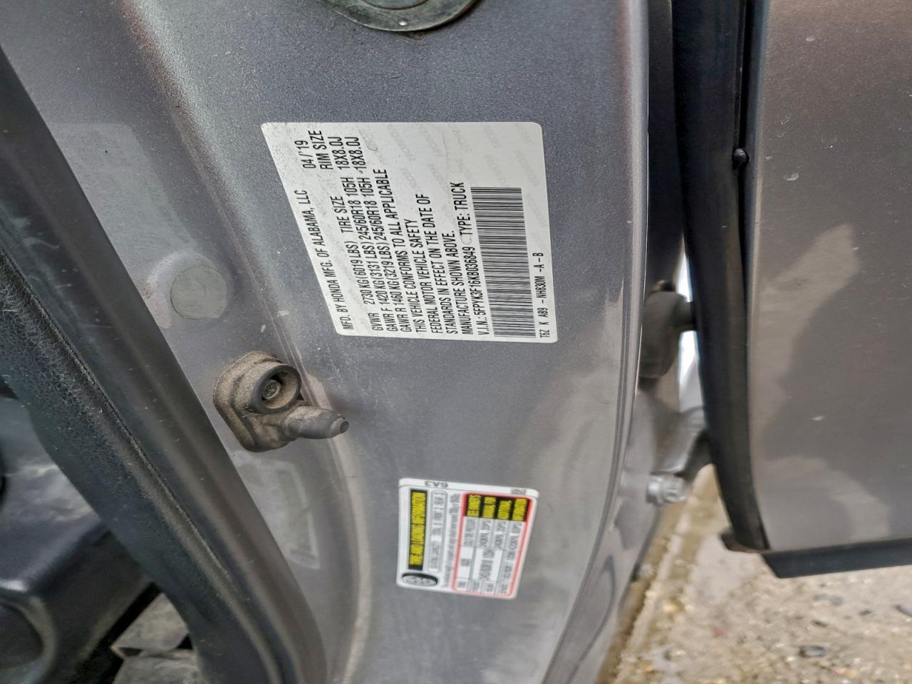 2019 Honda Ridgeline Sport VIN: 5FPYK3F16KB036849 Lot: 96043385