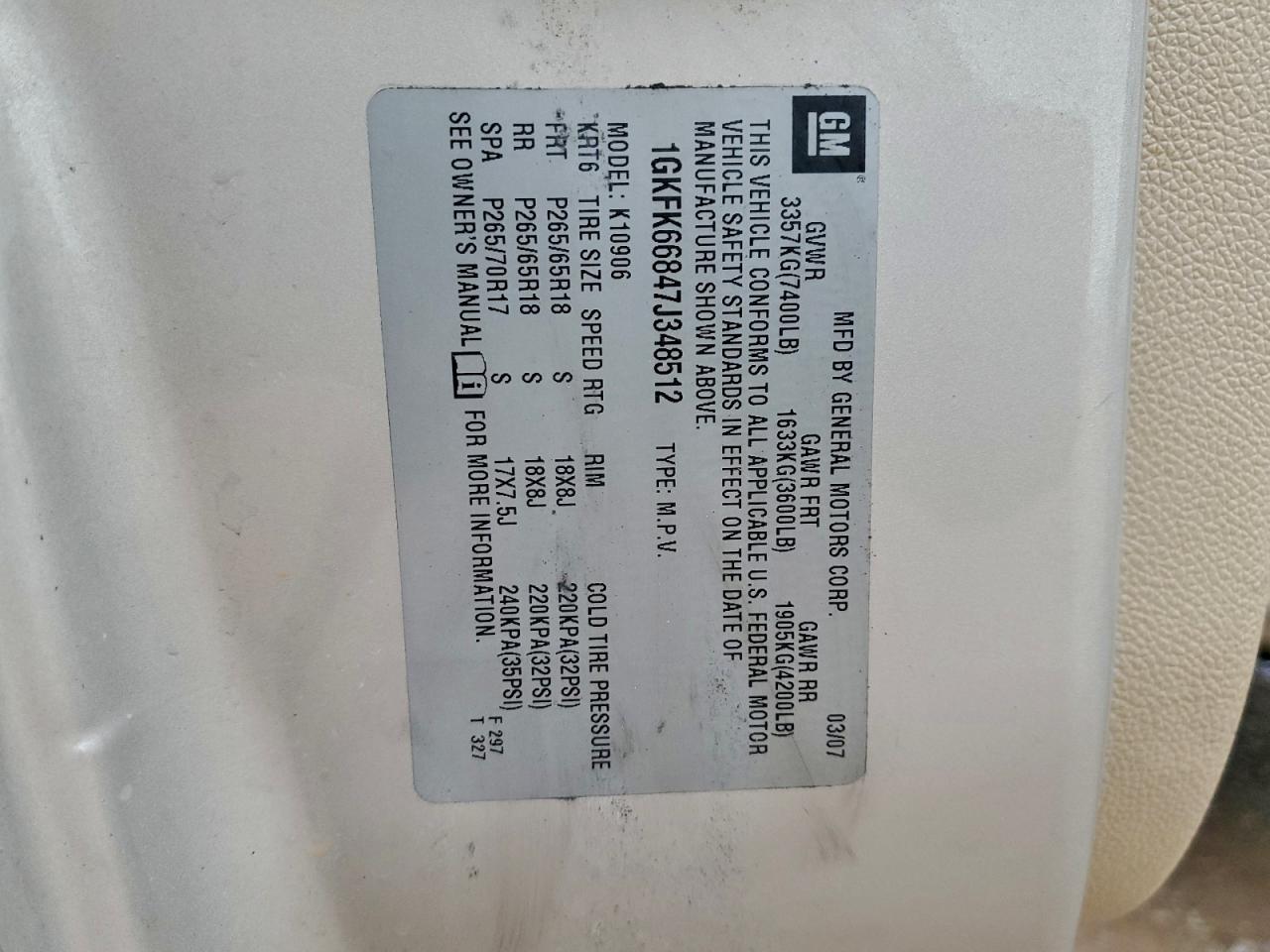 2007 GMC Yukon Xl Denali VIN: 1GKFK66847J348512 Lot: 95221425